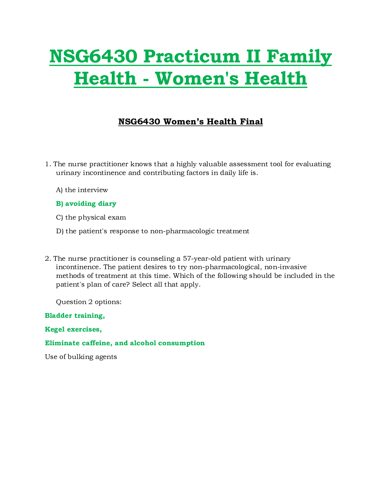 Preview of NSG6430 / NSG 6430 Final Exam (Latest): Practicum II Family Health - Women's Health - Sout